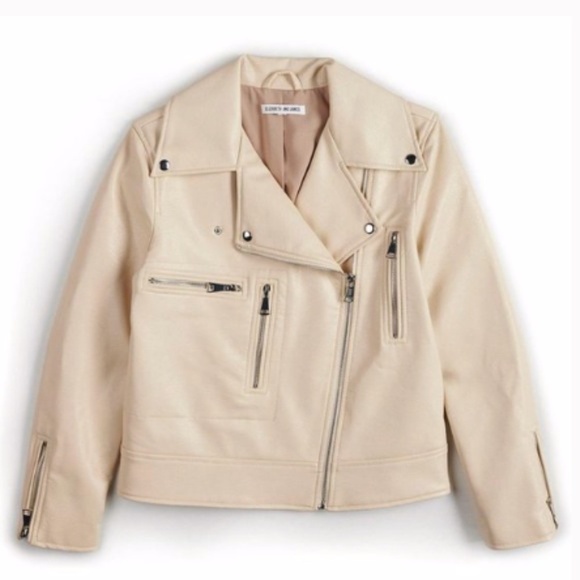 Elizabeth and James Moto Jacket faux leather cream beige silver zippers sz XS - Picture 1 of 6